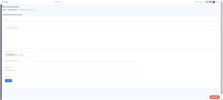Create A New Announcement form - title, message, attachments, tag department/user